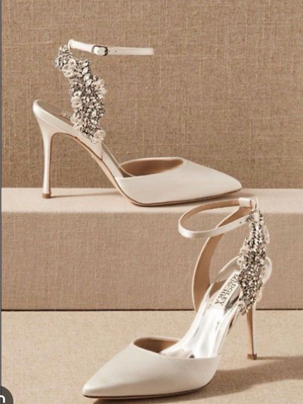 Badgley Mischka Ivory Pointed-Toe Crystal Ankle-Strap Heels